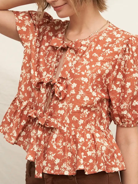 Brown Floral Puff Sleeve Peplum Top