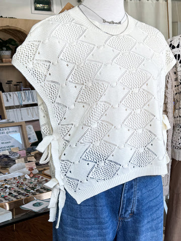 Cream Clip Dot Side Tie Crochet Sweater