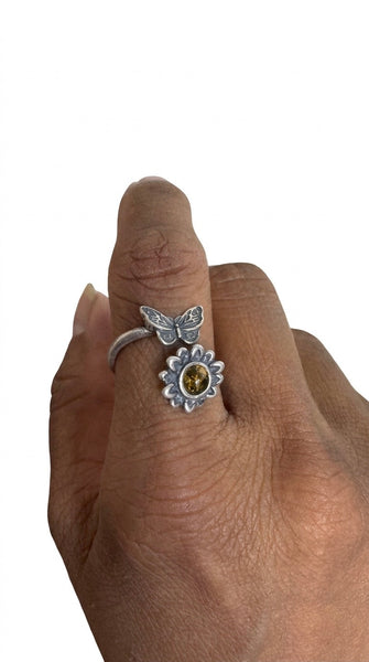 Baltic Amber Butterfly & Flower Sterling Silver Ring