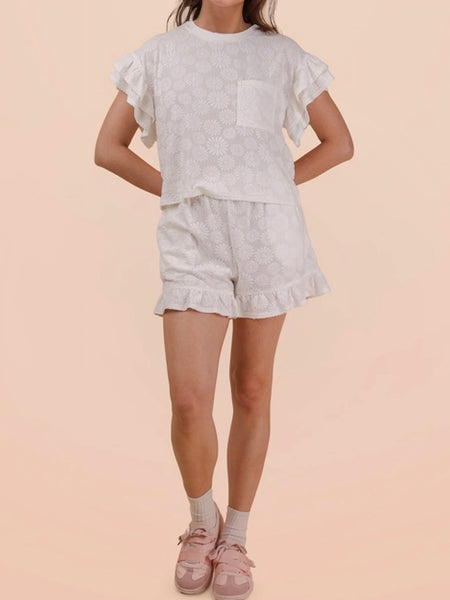 White Floral Ruffle Shorts Set