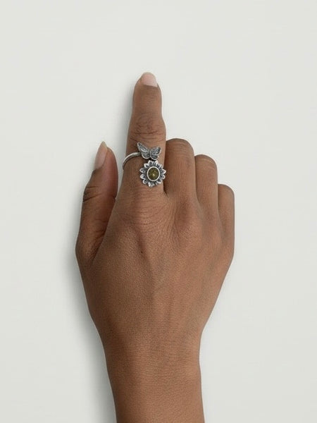 Baltic Amber Butterfly & Flower Sterling Silver Ring