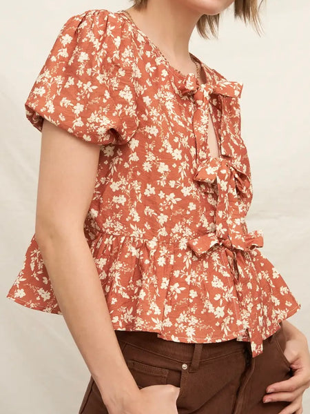 Brown Floral Puff Sleeve Peplum Top