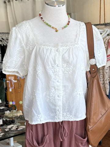 Ivory Floral Embroidered Puff Sleeve Top