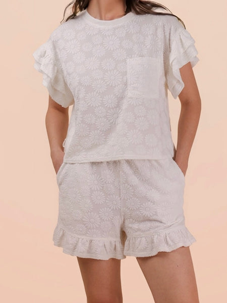 White Floral Ruffle Shorts Set