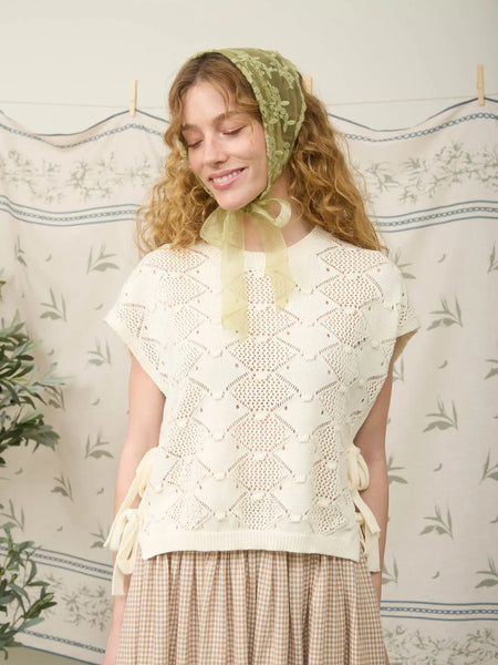 Cream Clip Dot Side Tie Crochet Sweater