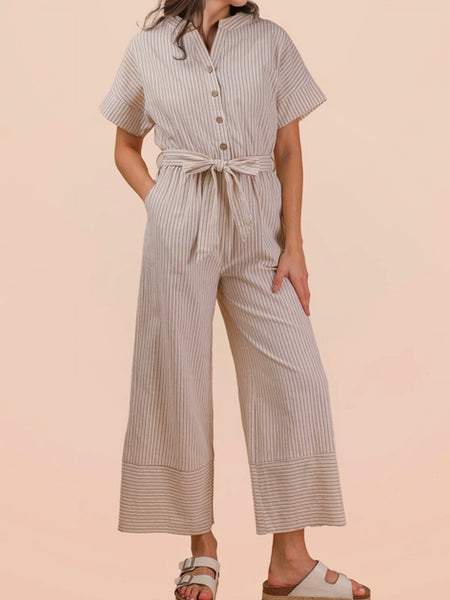 Oatmeal Stripe Cotton Jumpsuit