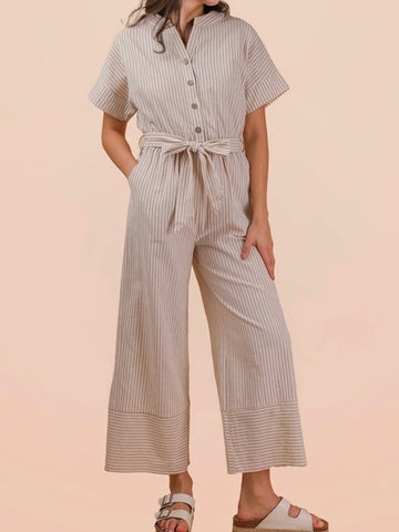 Oatmeal Stripe Cotton Jumpsuit
