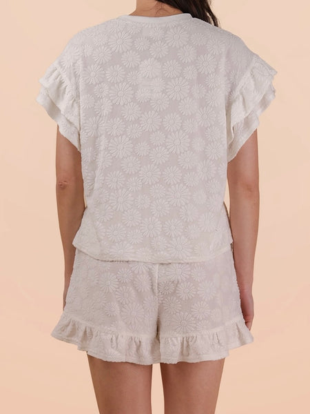 White Floral Ruffle Shorts Set