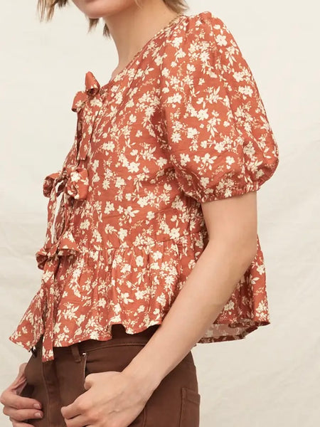 Brown Floral Puff Sleeve Peplum Top