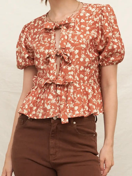 Brown Floral Puff Sleeve Peplum Top