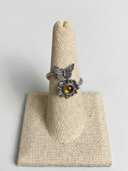 Baltic Amber Butterfly & Flower Sterling Silver Ring