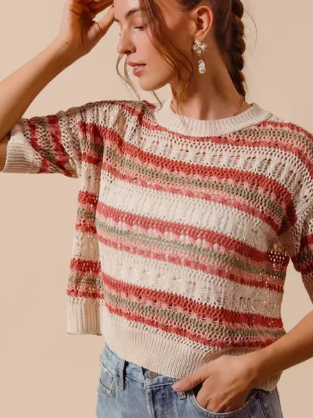 Oatmeal Multicolor Stripe Lightweight Sweater