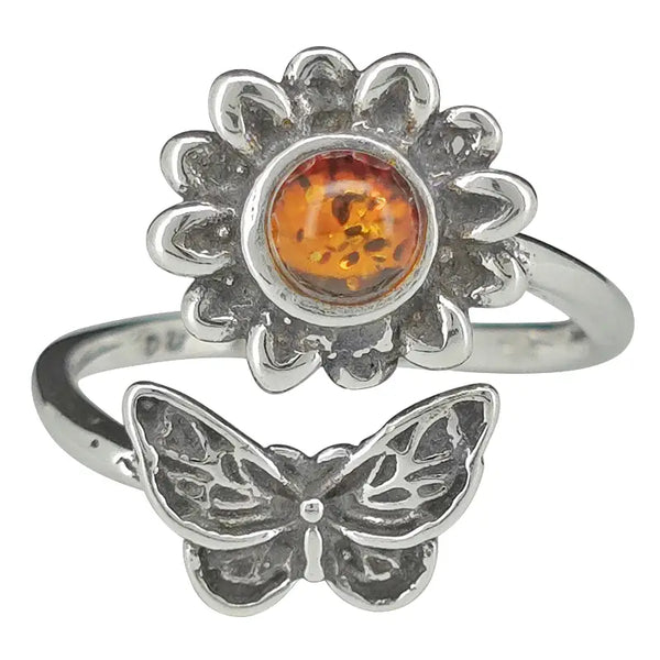 Baltic Amber Butterfly & Flower Sterling Silver Ring