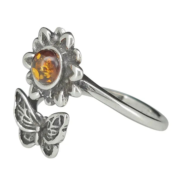 Baltic Amber Butterfly & Flower Sterling Silver Ring