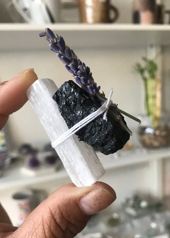 Selenite Black Tourmaline Lavender Cleanse & Recharge Crystal Bundle
