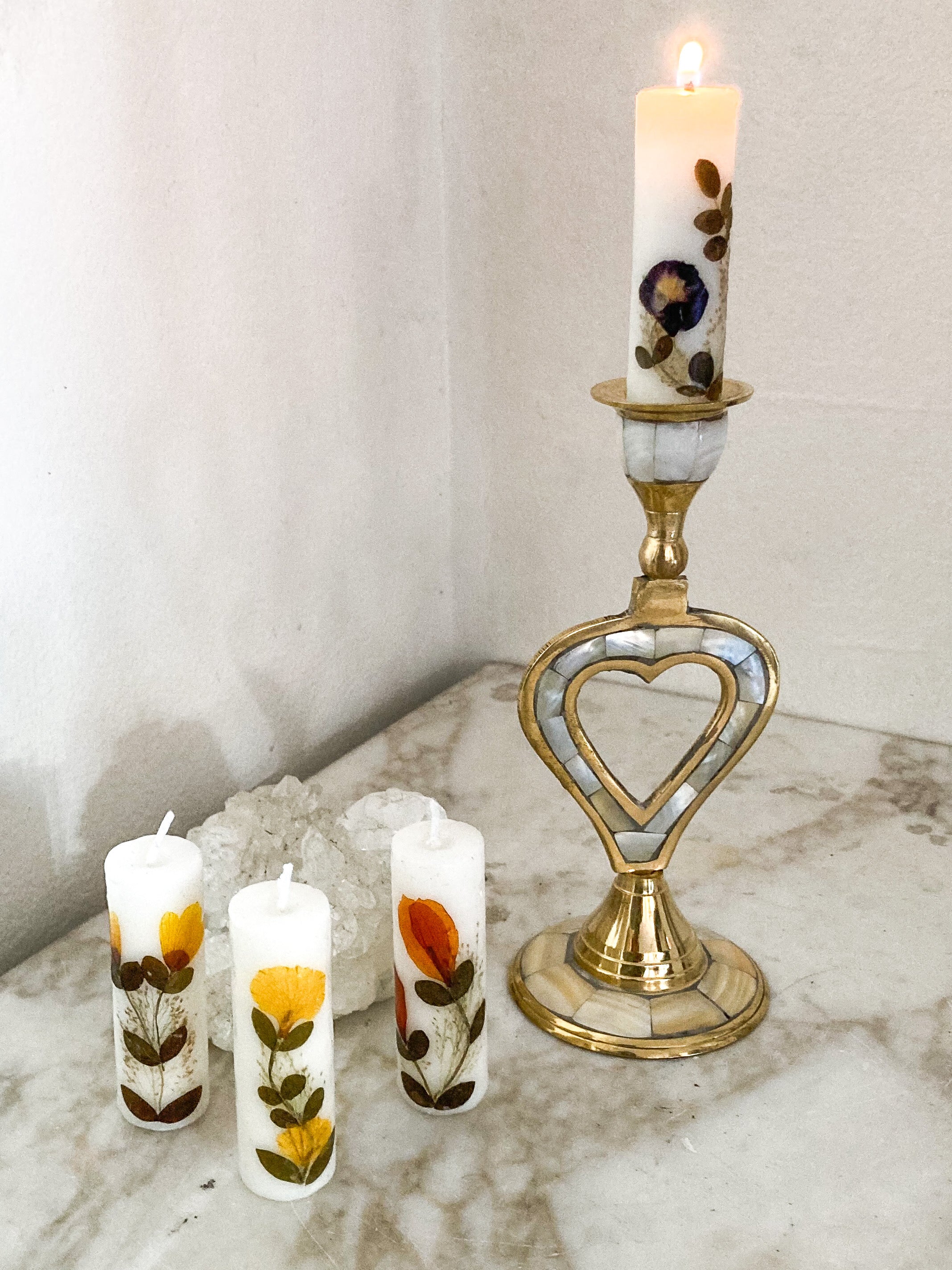 Set of Five Pressed Flower Candles in White : Home